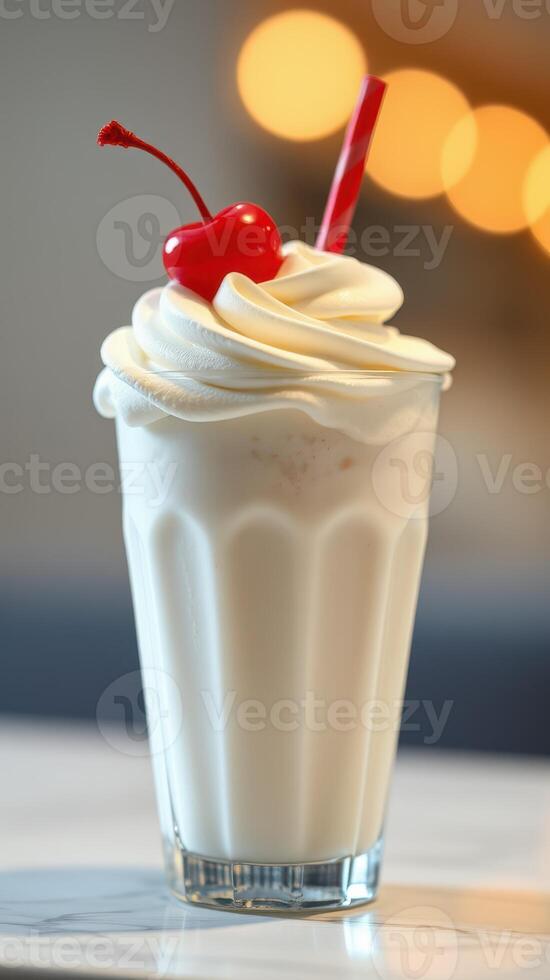 Creamy milkshake with whipped cream and cherry served in a tall glass at a cozy diner photo