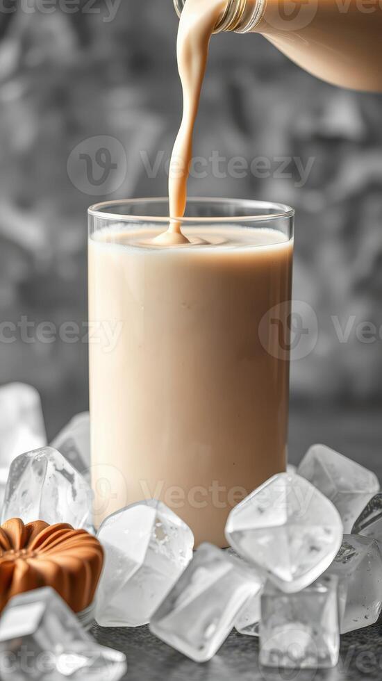 Creamy beverage is being poured into a glass surrounded by ice cubes on a cool surface photo