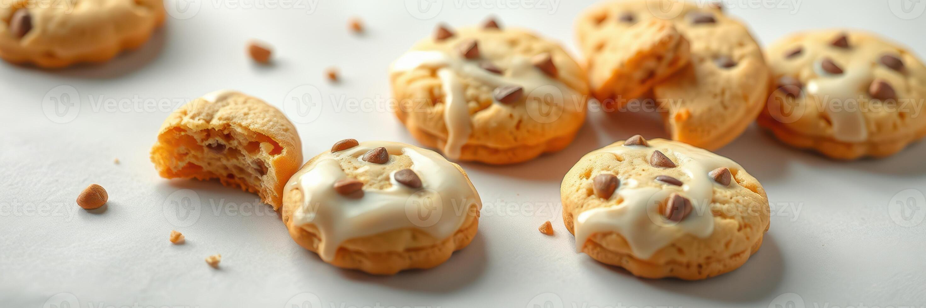 Delicious cookies topped with creamy frosting and chocolate chips displayed on a white surface photo