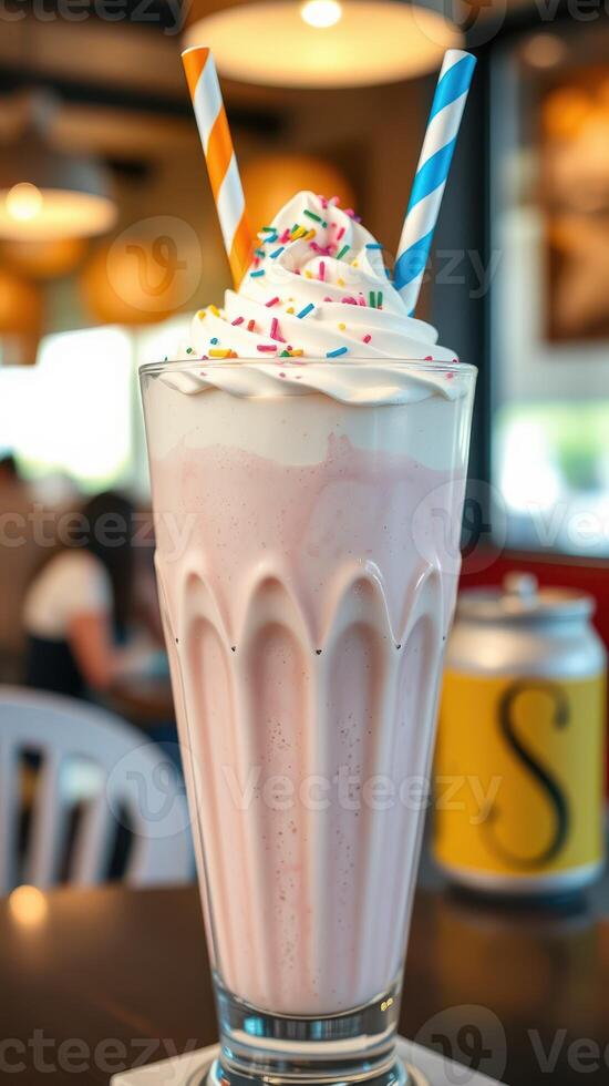 Delicious milkshake topped with whipped cream and sprinkles enjoyed in a vibrant diner setting photo