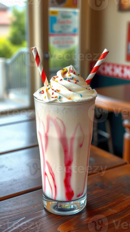Creamy milkshake topped with whipped cream and sprinkles in a lively cafe setting photo