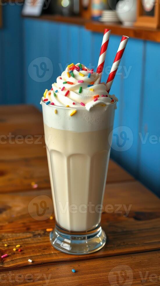 Milkshake topped with whipped cream and colorful sprinkles served in a tall glass at a cozy cafe photo