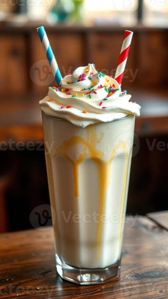 Delicious milkshake topped with whipped cream and colorful sprinkles served in a tall glass photo