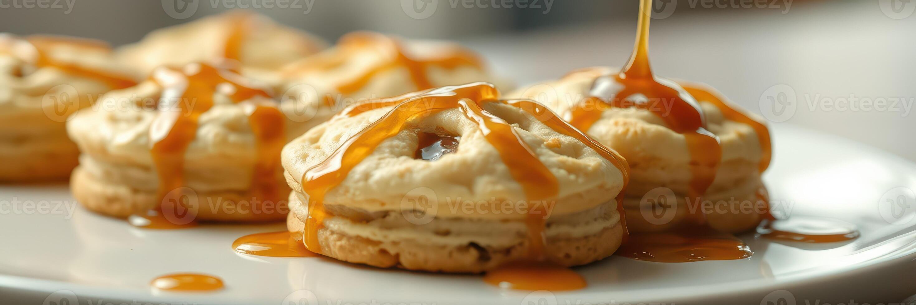 Delicious dessert featuring cookies drizzled with caramel sauce on a white plate photo