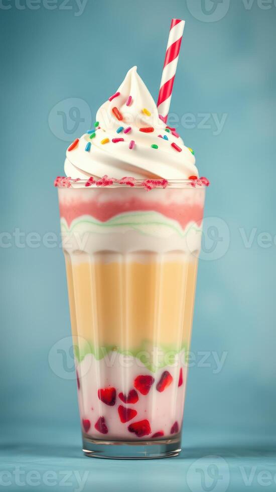 Colorful layered milkshake with whipped cream and sprinkles served in a tall glass photo