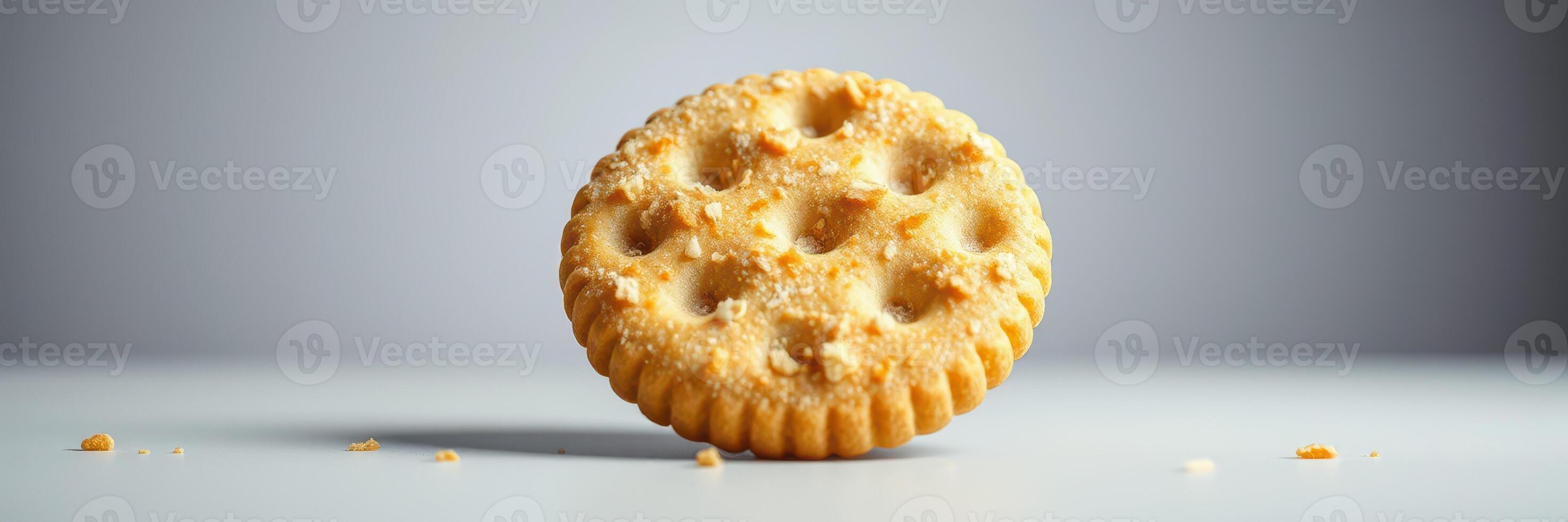 Round golden cookie topped with crumbs stands on a plain surface against a soft-gray background photo