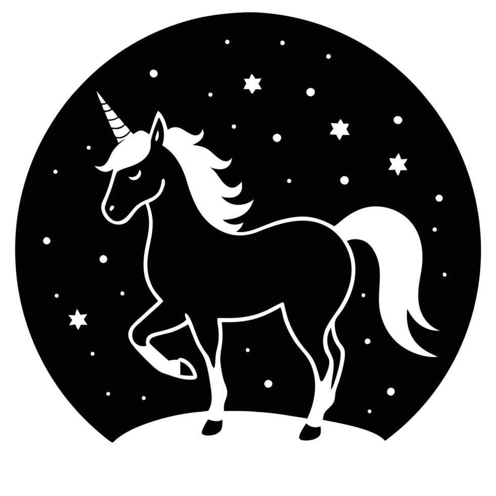 Small Unicorn Silhouette Under Night Sky Glow Silhouette on White Background vector