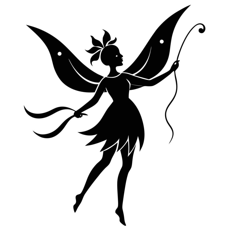 Fairy Holding Ribbons Gliding Silhouetted on White Background vector