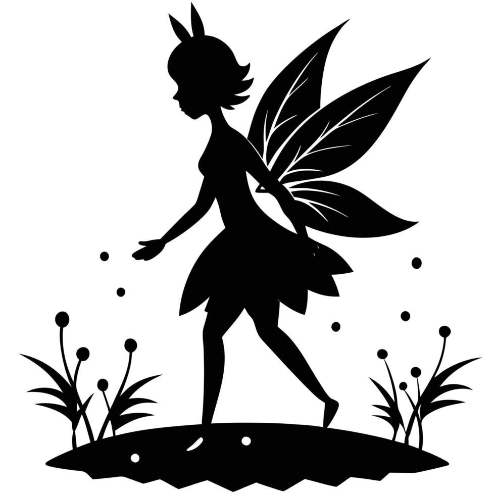 Fairy Walking Across Mossy Forest Floor Silhouetted on White Background vector