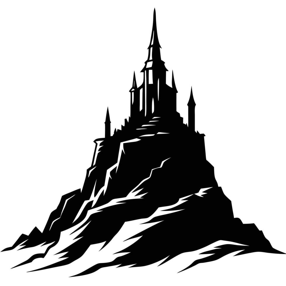 Tall Spire Castle on Rocky Hilltop Silhouetted on White Background vector