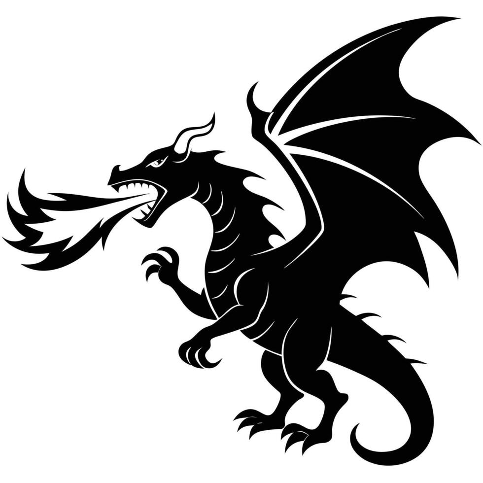 Dragon Spewing Fire Silhouette on White Background vector