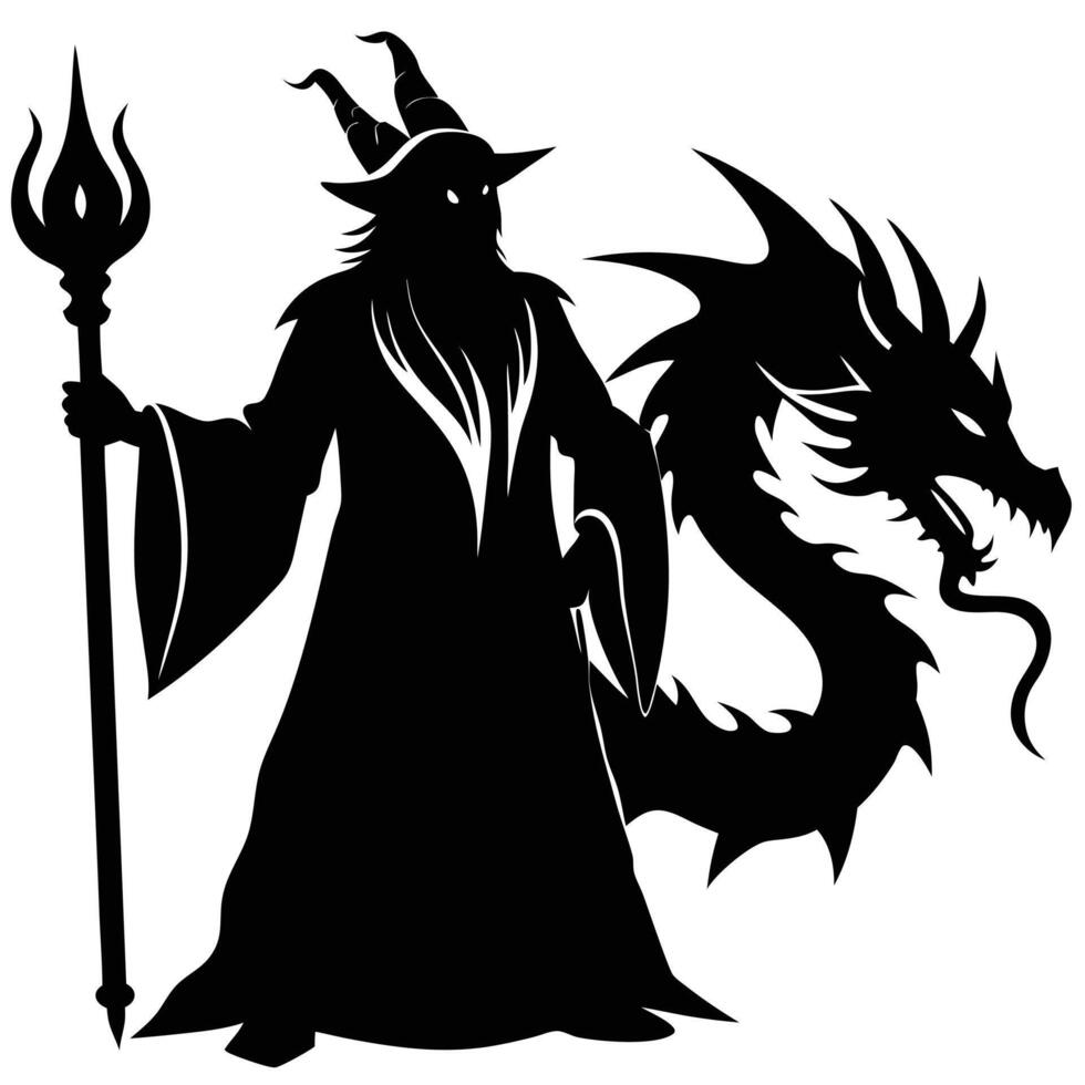 Sorcerer Holding Staff While Standing Before Dragon Silhouette on White Background vector
