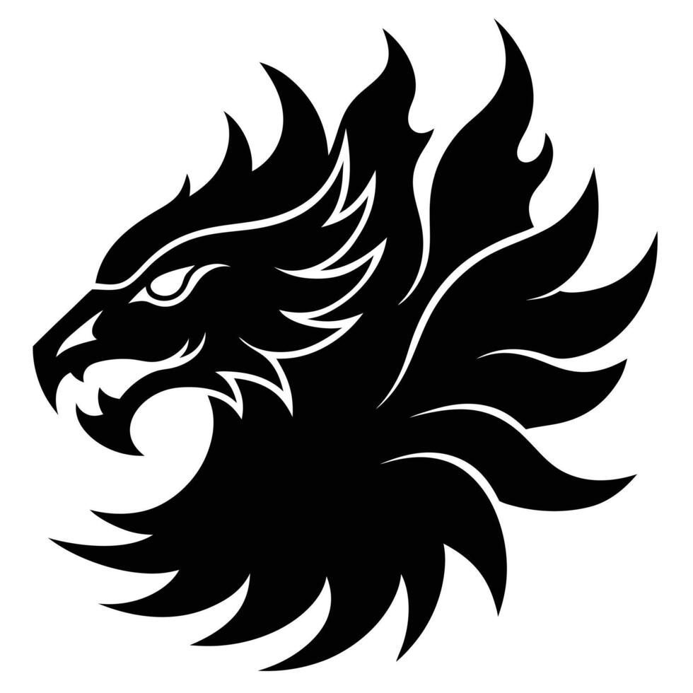 Griffin Head Surrounded by Tribal Flames Silhouetted on White Background vector