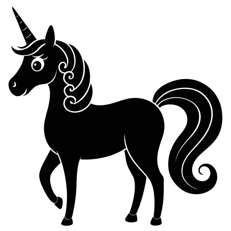 Unicorn with Spiral Rainbow Horn and Glowing Accents Silhouette on White Background vector
