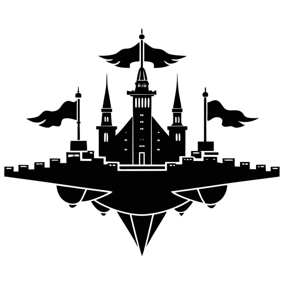 Flying Fortress with Expansive Base Silhouetted on White Background vector