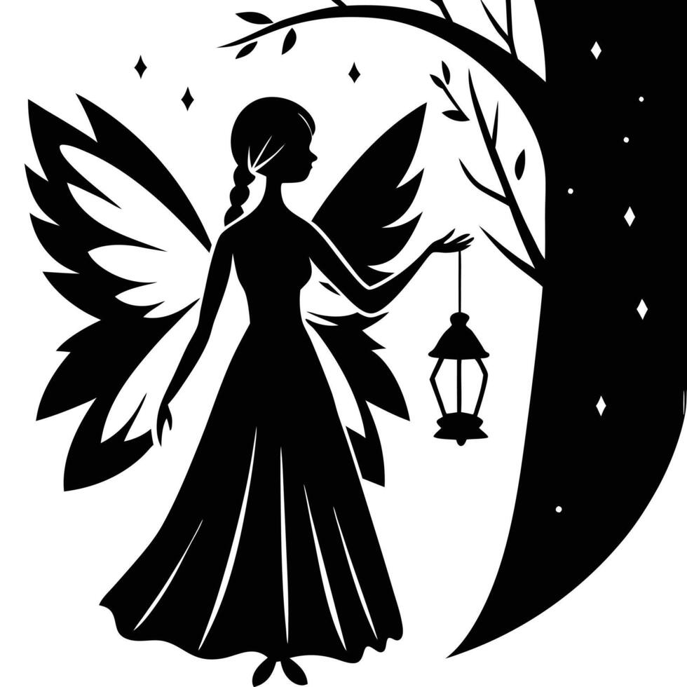 Fairy with Lantern Glowing in Dark Forest Silhouette on White Background vector