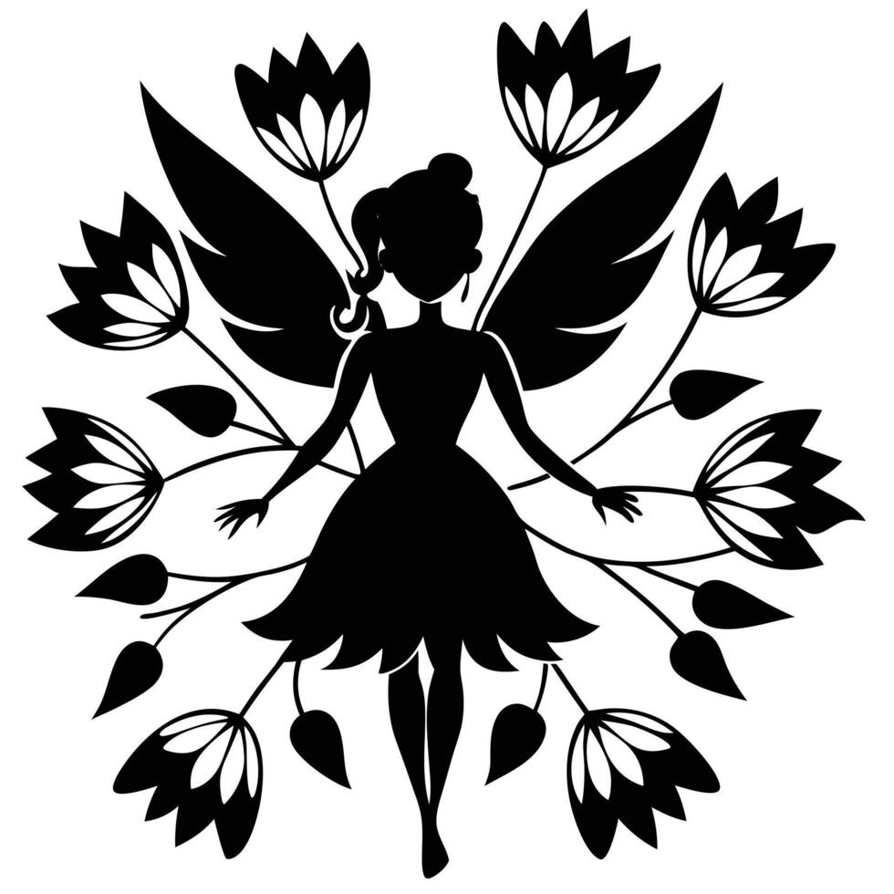 Fairy Surrounded by Blooming Flowers Silhouetted on White Background vector