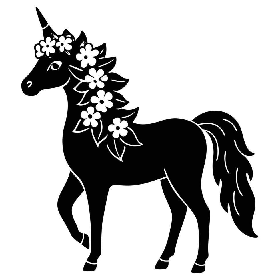 Unicorn with Floral Garland Draped Over Neck Silhouette on White Background vector