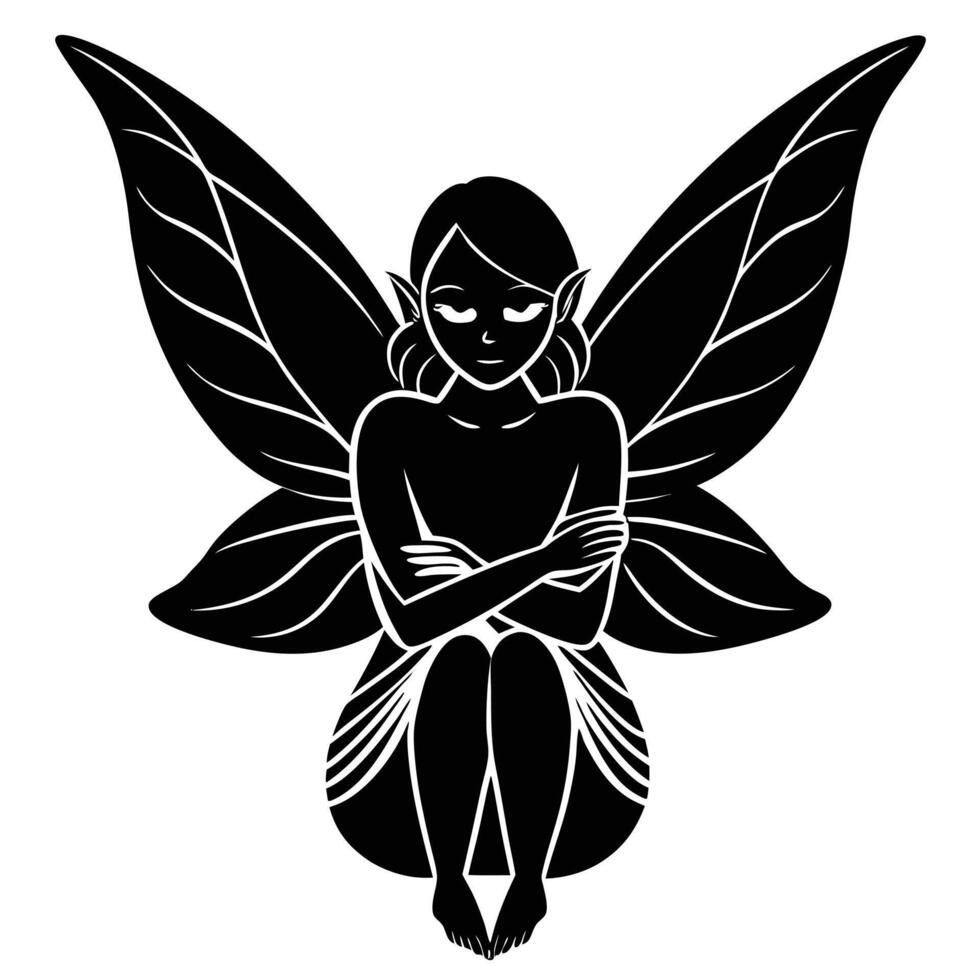 Fairy with Arms Wrapped Around Legs Silhouette on White Background vector