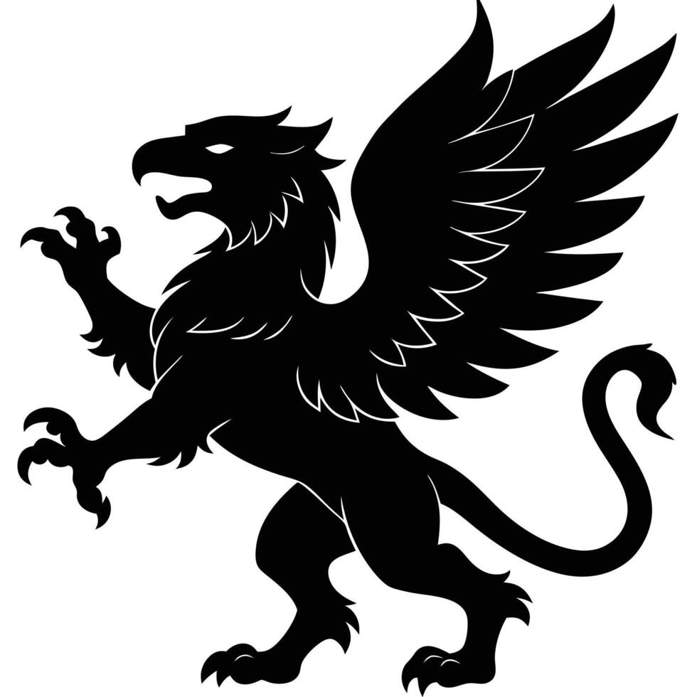 Eagle-Headed Griffin Roaring Silhouetted on White Background vector