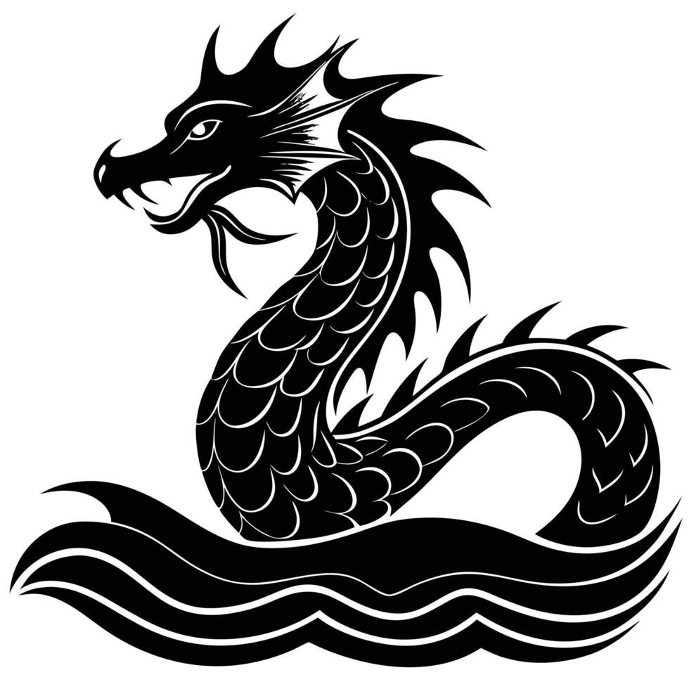 Serpent Dragon in Water Silhouette on White Background vector