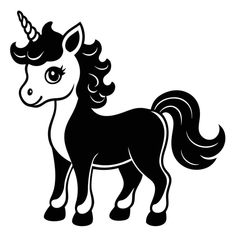 Cute Baby Unicorn Silhouette in Meadow on White Background vector