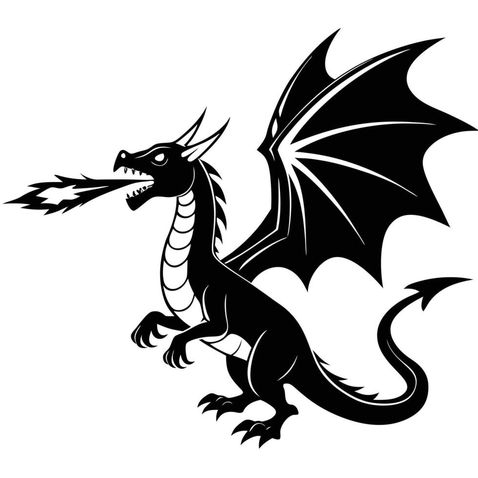 Dragon Breathing Fire Straight into the Sky Silhouette on White Background vector