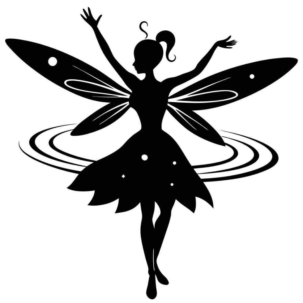 Fairy Spinning with Arms Raised Silhouetted on White Background vector