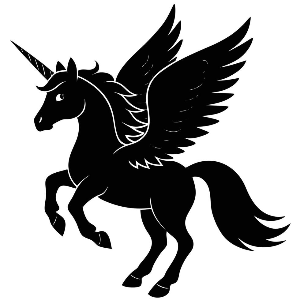 Flying Pegasus Unicorn Silhouette with Glowing Horn on White Background vector