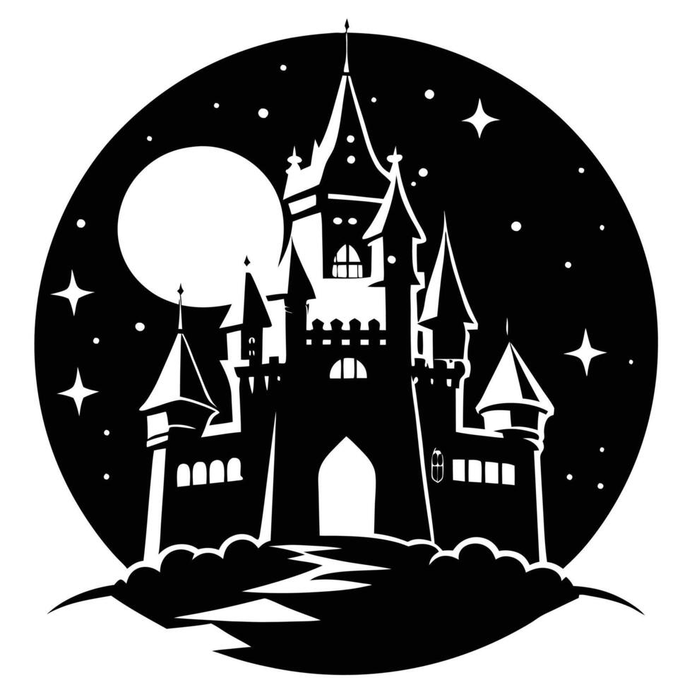 High Castle Bathed in Moon Glow Silhouetted on White Background vector