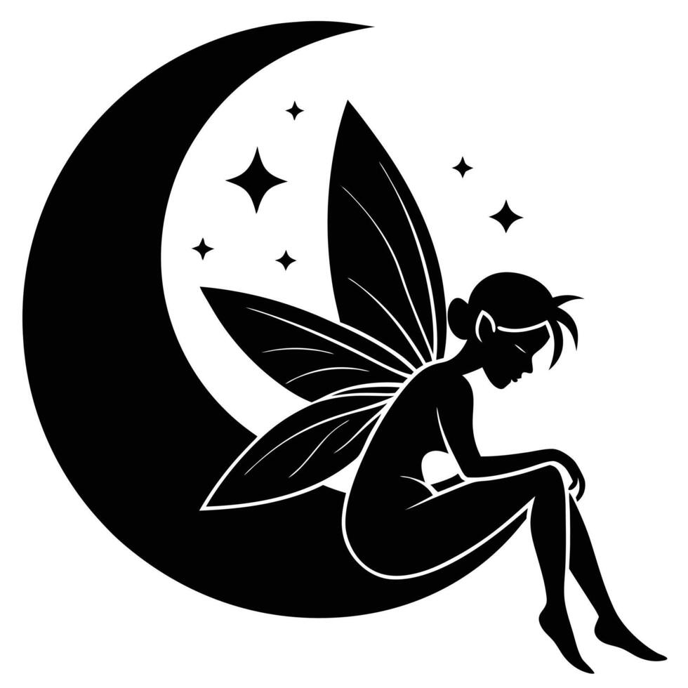 Fairy Resting with Crescent Moon Silhouetted on White Background vector