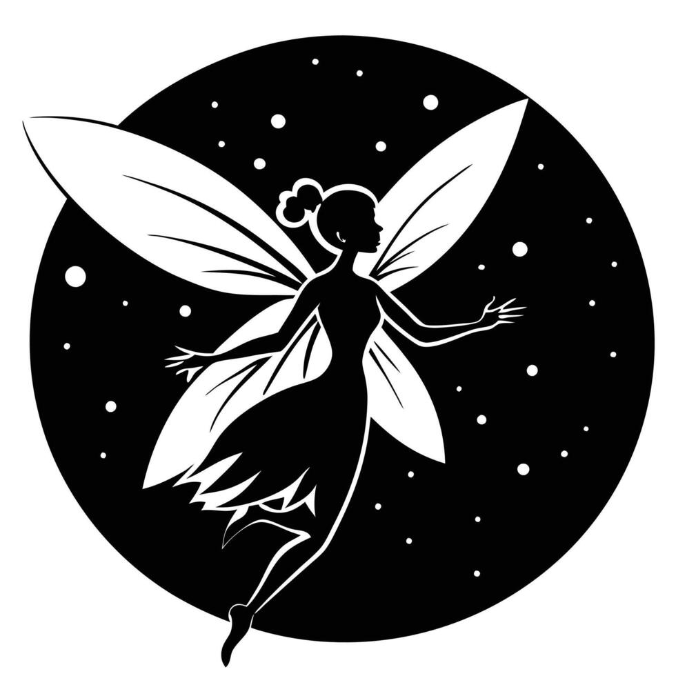 Fairy Flying Under Glowing Full Moon Silhouetted on White Background vector