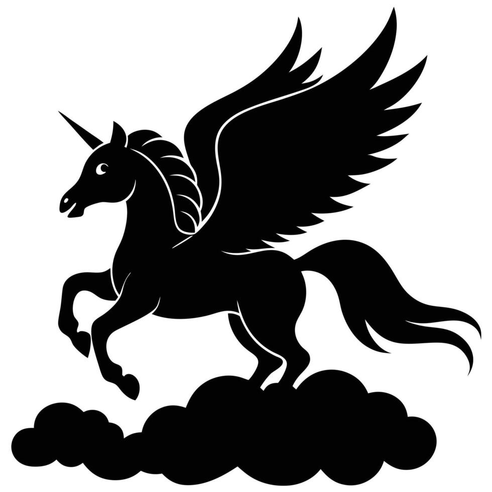 Winged Unicorn Soaring Above Clouds in Silhouette on White Background vector