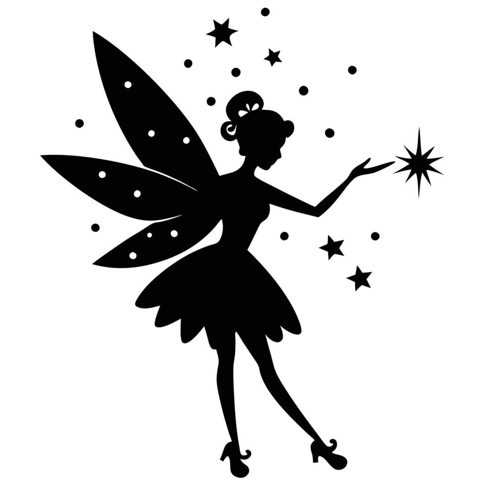 Fairy Sprinkling Stars in Cheerful Pose Silhouetted on White Background vector