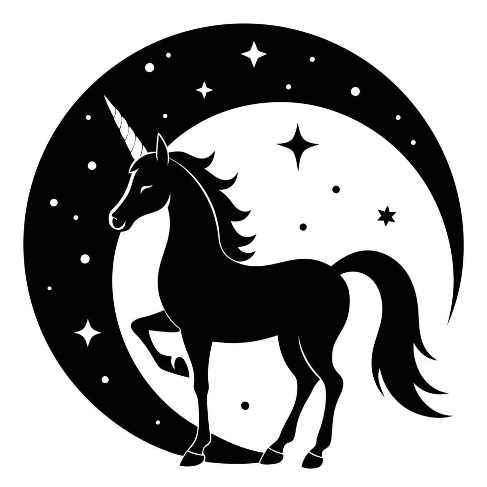 Unicorn Framed by Glowing Crescent Moon and Stars Silhouette on White Background vector