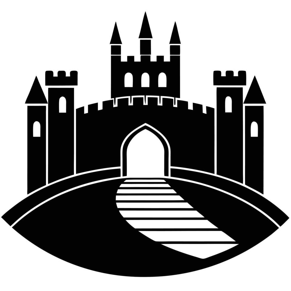 Fortress with Narrow Bridge Leading to Guarded Gate Silhouetted on White Background vector