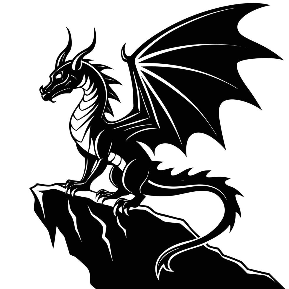 Wingless Dragon Perched on Edge of Rocky Cliff Silhouette on White Background vector