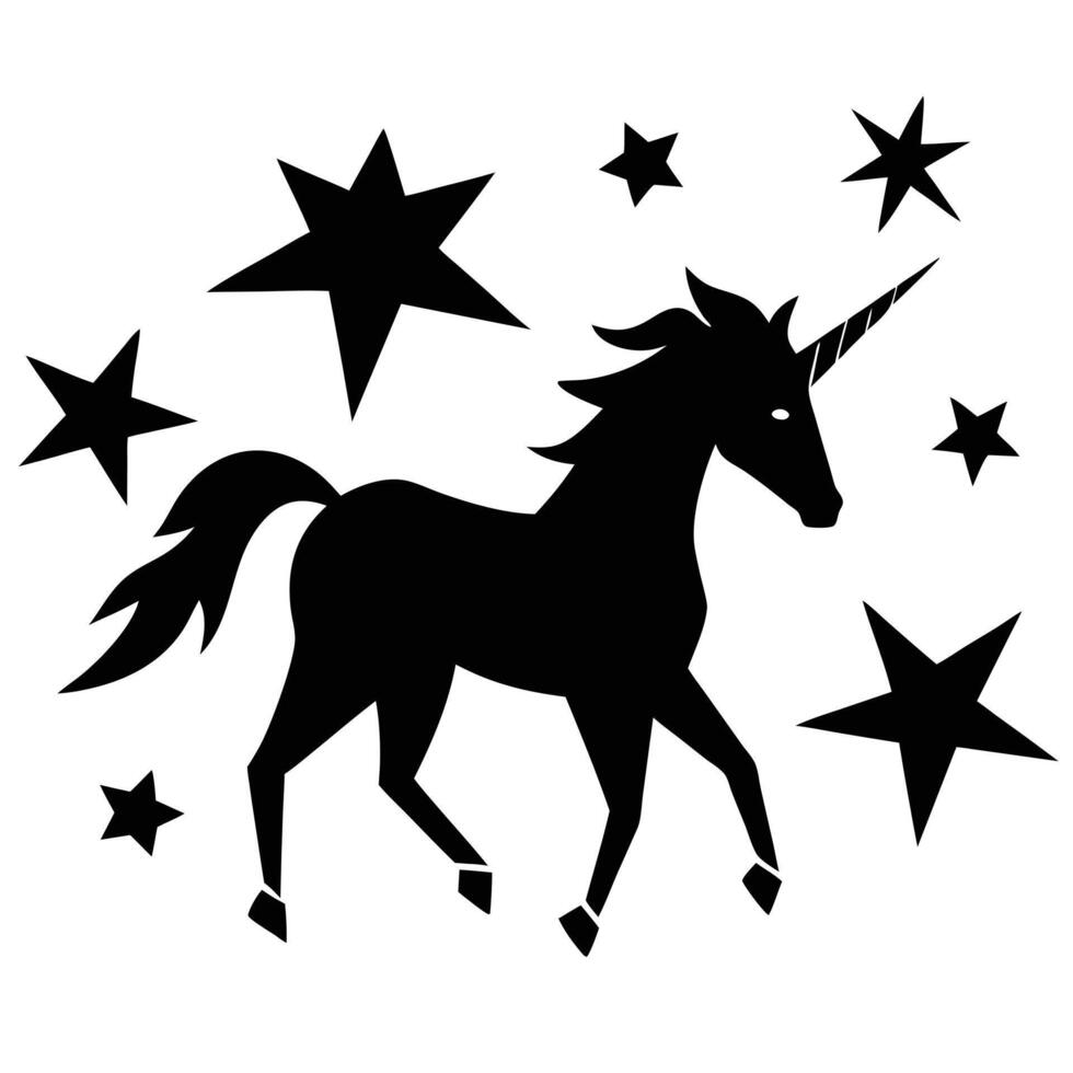 Lone Unicorn Silhouette Walking Among Scattered Star Shapes on White Background vector