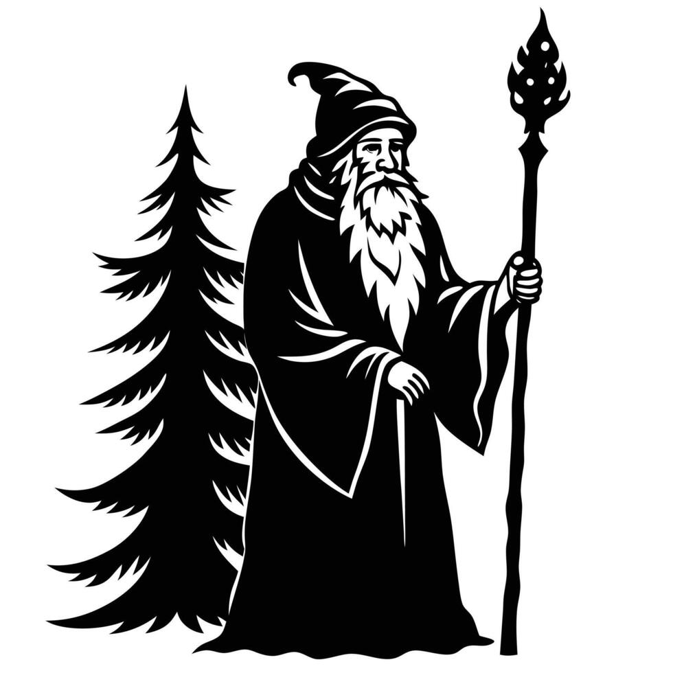 Sorcerer leaning on staff silhouette vector