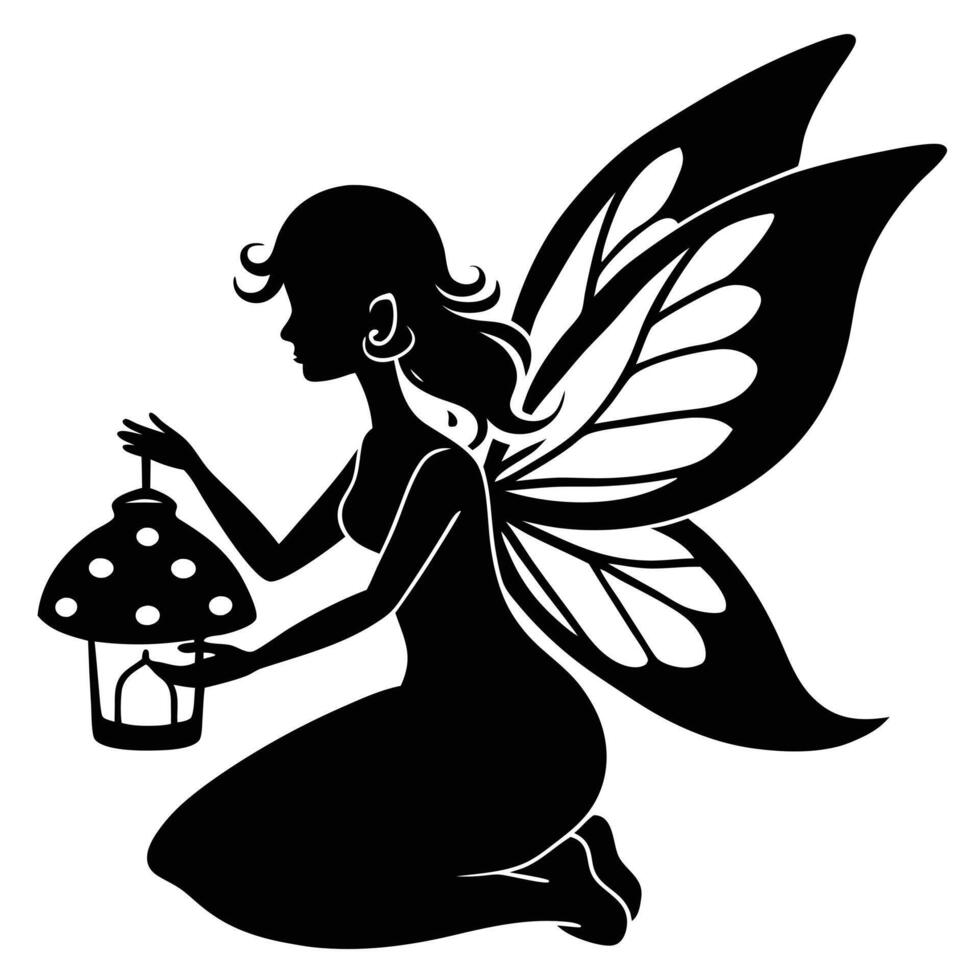 Fairy Holding Lantern While Sitting on Mushroom Silhouetted on White Background vector