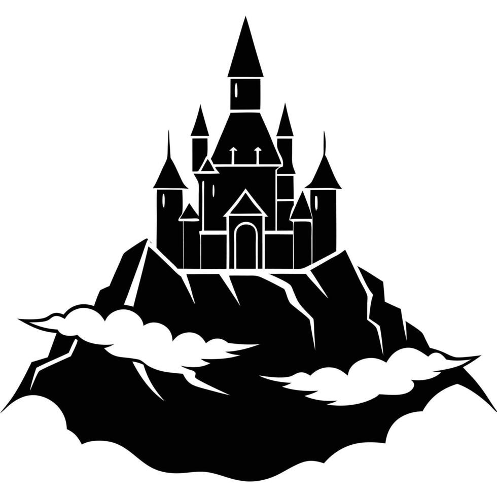 Fantasy castle on mountain silhouette vector