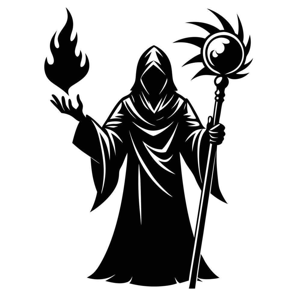 Mage Holding Fireball Close While Gripping Staff Silhouetted on White Background vector