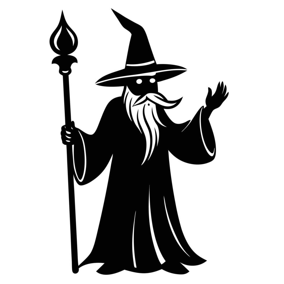 Mysterious Wizard Tipping Tall Hat Holding Staff Silhouetted on White Background vector