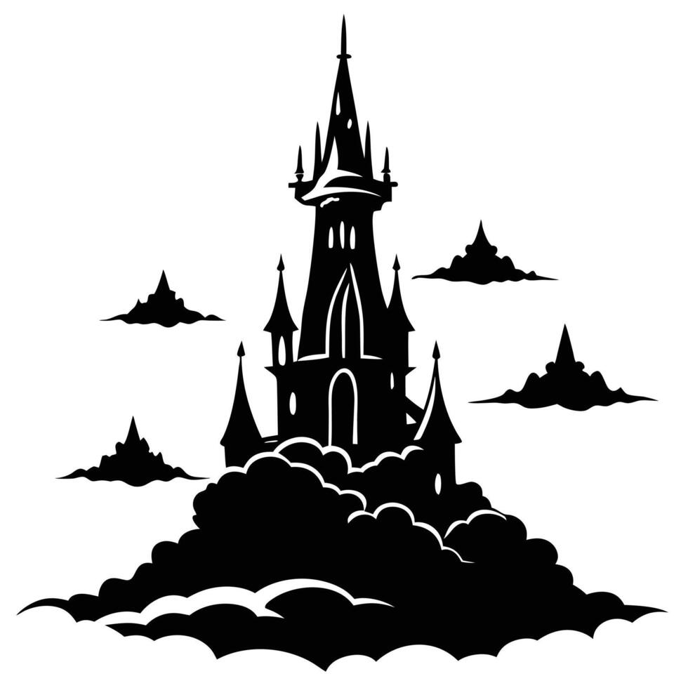 Tall Spire Fantasy Castle in Cloudy Sky Silhouetted on White Background vector