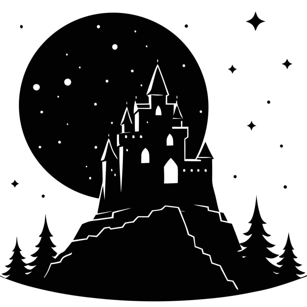 Lonely Castle Under Moonlight Silhouetted on White Background vector