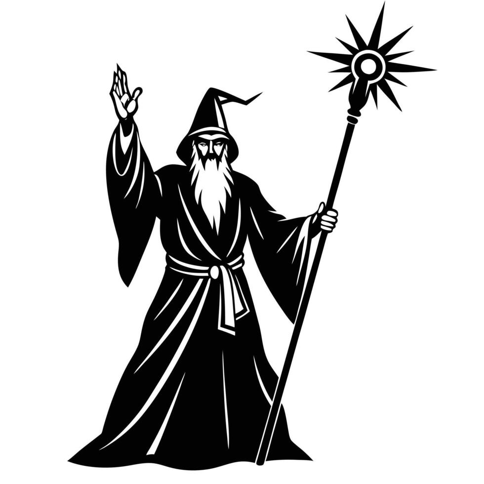 Wizard Raising Staff with Glowing Spell Blast Silhouette on White Background vector