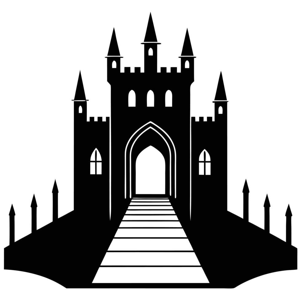 Gothic Fortress with Open Drawbridge Silhouetted on White Background vector