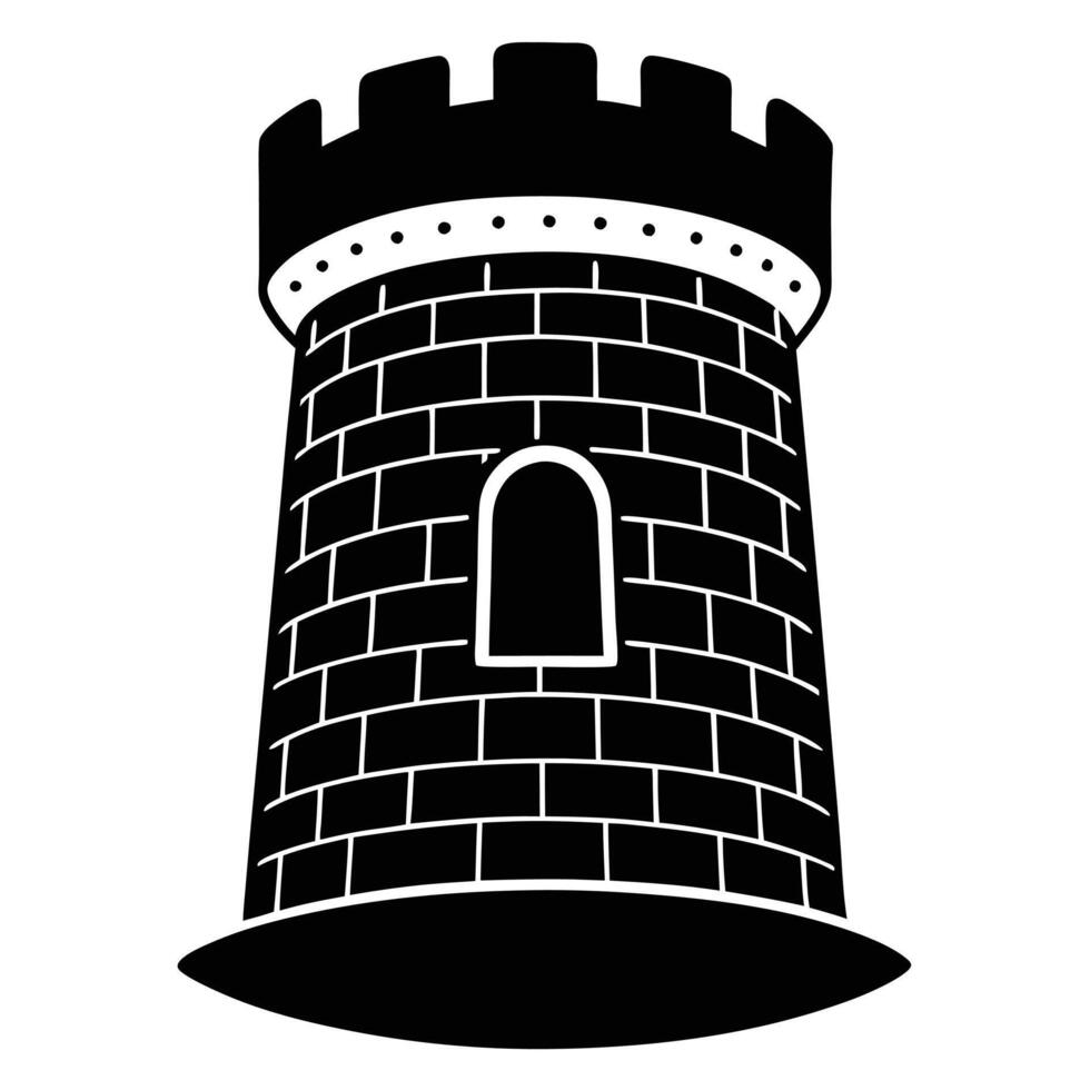 Cylindrical Castle Tower Silhouetted on White Background vector