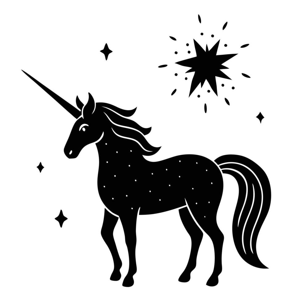 Unicorn Standing Under Shooting Star Silhouette on White Background vector