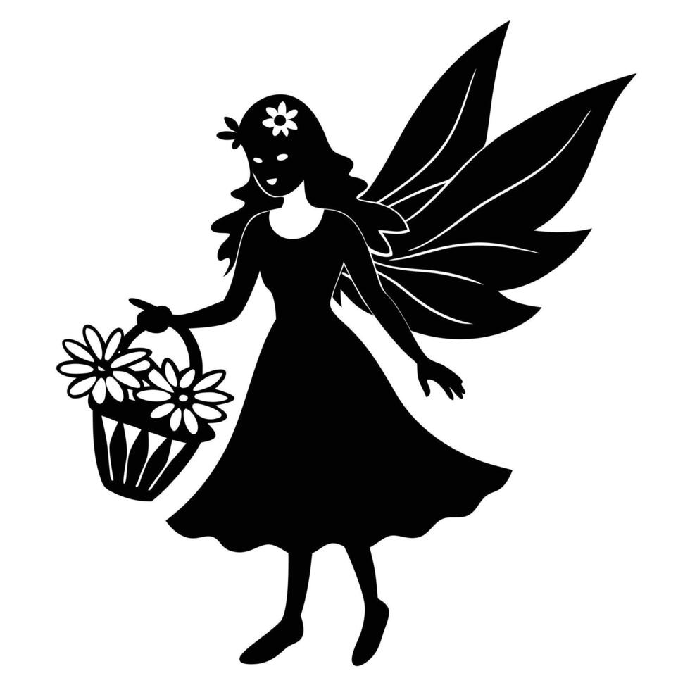 Fairy Holding a Flower Basket Silhouetted on White Background vector